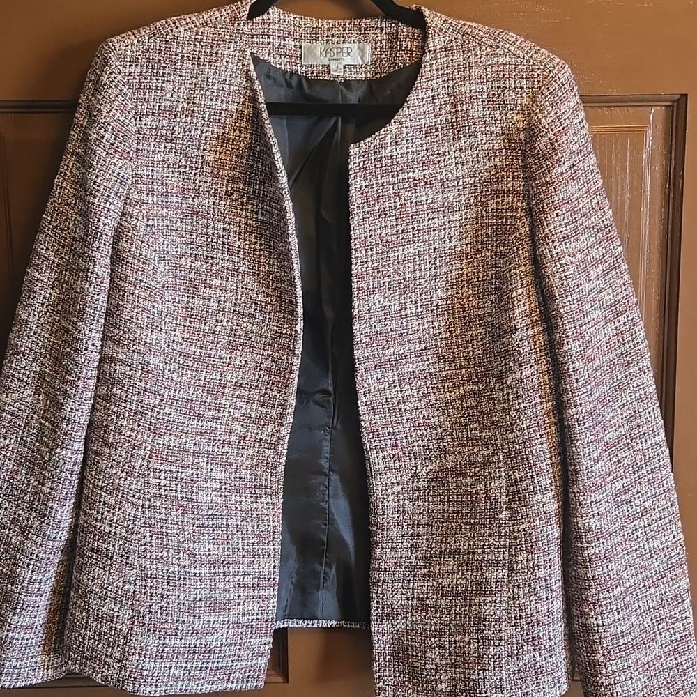 Kasper tweed red, blk, white open front jkt. Sz 14.